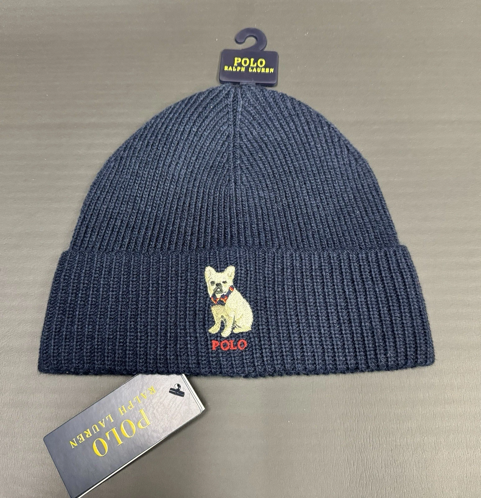 POLO RALPH LAUREN Men's FRENCH BULLDOG Wool Blend Beanie Hat Navy Blue