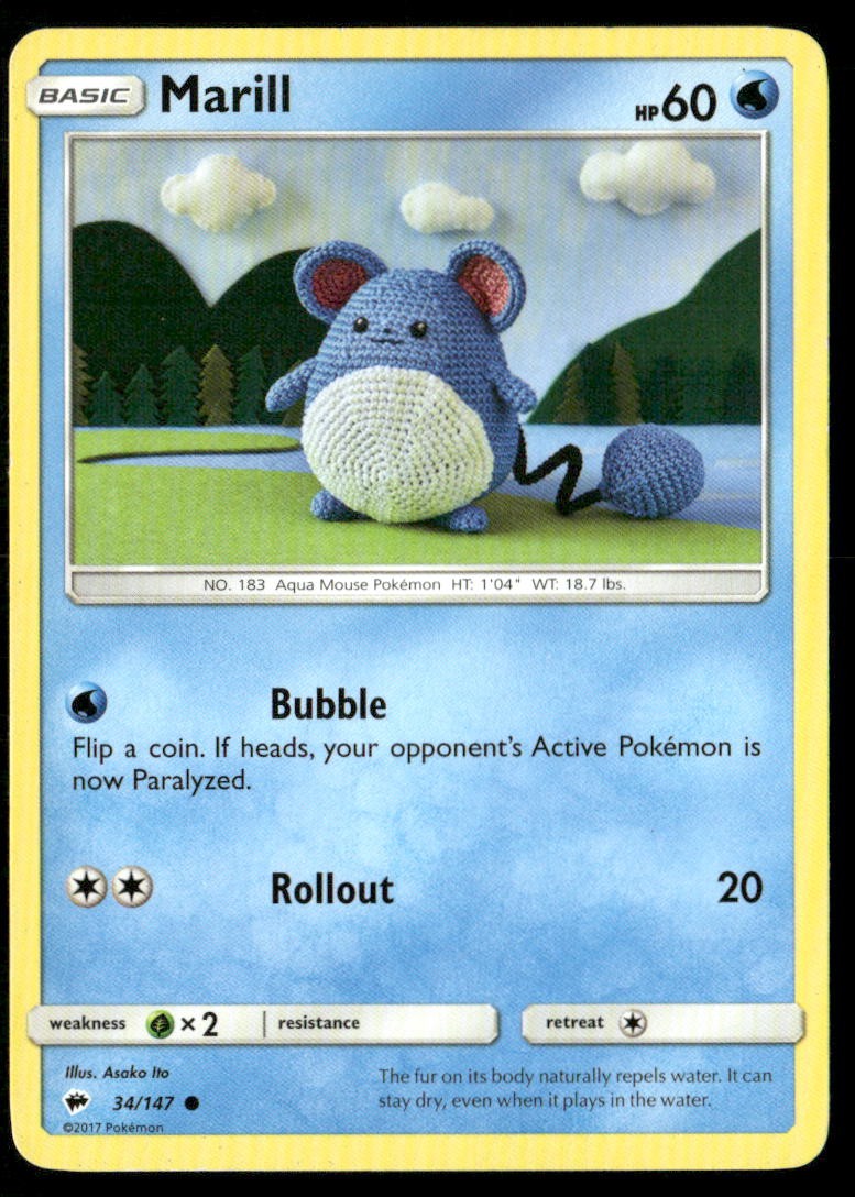 Marill 34/147 Common Burning Shadows Pokemon Heavily Played