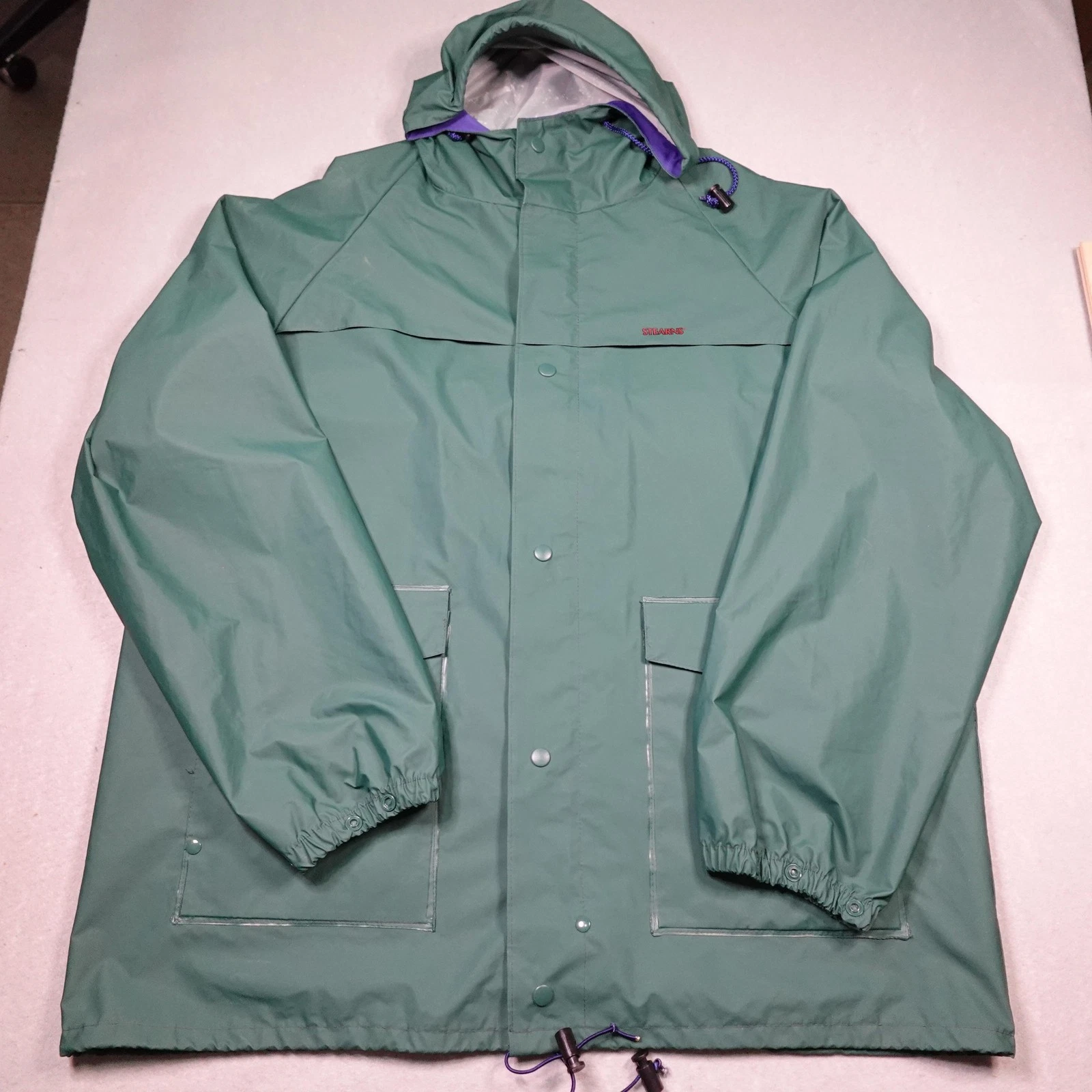 Stearns Rain Jacket Mens Large Green Hooded Dry Wear Waterproof PVC Nylon