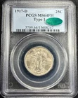 1917-D PCGS MS64FH Standing Liberty Silver 25c Type 1 - CAC Approved