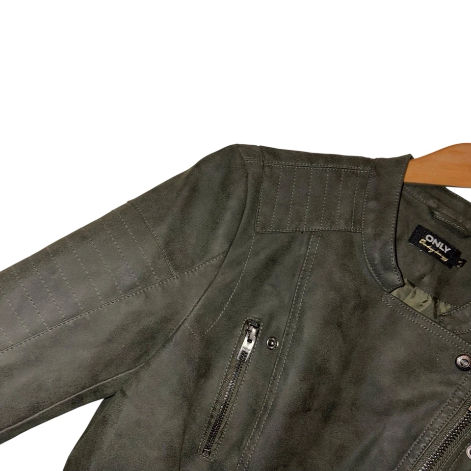 SOLO Chaqueta de Motociclista de Gamuza Sintética para Mujer EU 38 Gris Verde Oliva Cremallera Estilo Moto Foto 4 de 4