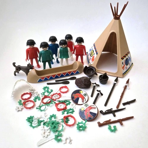 Vintage 1974 Playmobil Geobra 6 Figures, 1 Teepee, & American Indian Accessories