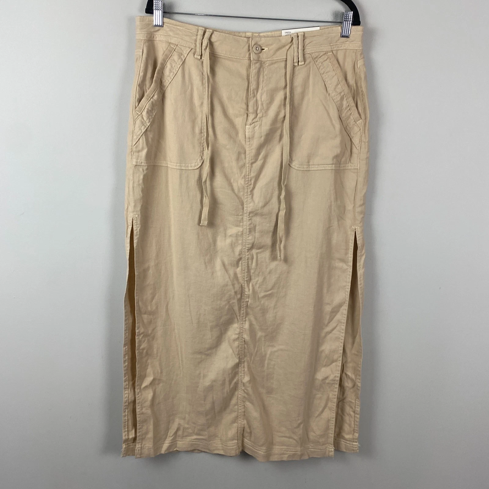 American Eagle Dreamy Drape Linen Stretch Low-Rise Maxi Skirt 12 Beige Slits