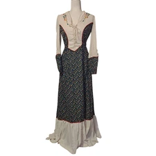 Vintage Prairie Maxi Dress Womens Medium Blue Floral Lace Up Boho Peasant 70s