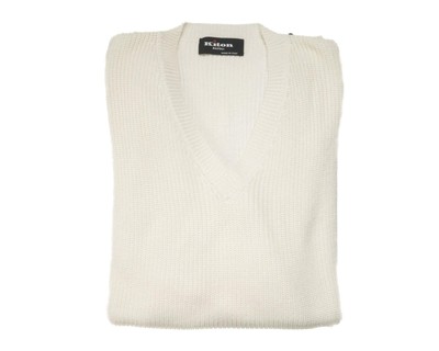 Kiton Napoli $2,750 White Silk Cotton Knit Pullover V-Neck Sweater (52 IT) L