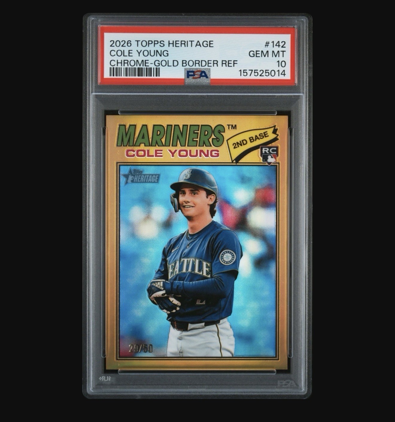 2026 TOPPS HERITAGE 142 COLE YOUNG CHROME-GOLD BORDER REFRACTOR /50 PSA 10 POP 1