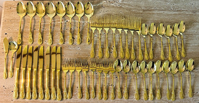 Customcraft Stainless Flatware Set Gold Monogram  P  ~ 50 Piece Set, EC