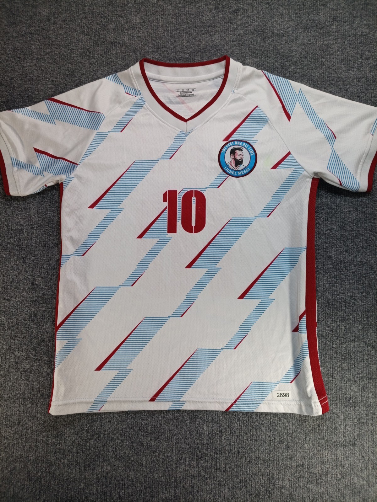 Lionel Messi Argentina #10 Soccer Jersey Men’s 26 White Blue Red Graphic (Stain)