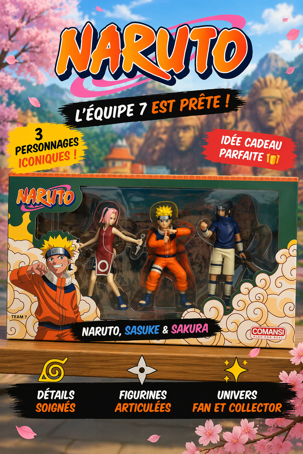 Figurines Naruto Team 7 Comansi de 10cm avec Sakura et Sasuke neufs en boîte