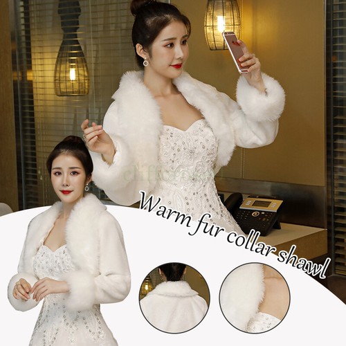 Luxury White Fur Shawl – Winter Warm Plush Lined Wedding Evening Formal Dress - Picture 3 of 9