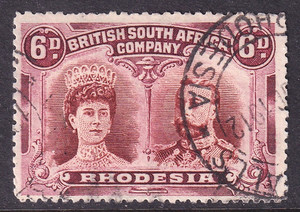 Rhodesia 1910 fine used Double Head sixpence value perf 14