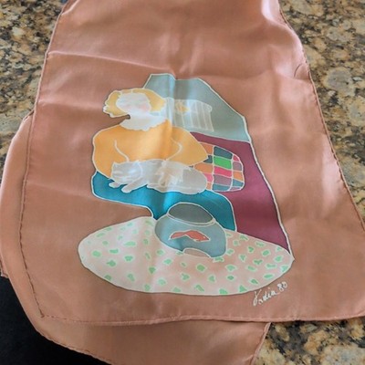 Katia Silk Scarf Artistic Design Peach Multicolor Vintage 1980s Original