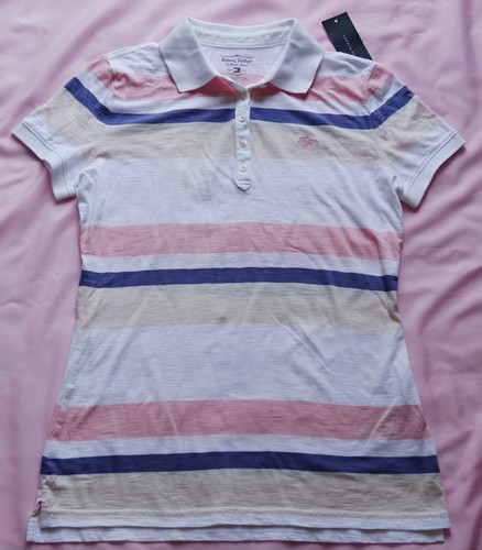NUOVA T-shirt Tommy Hilfiger donna a righe 100% cotone golf polo TH ricamo M - Foto 3 di 3