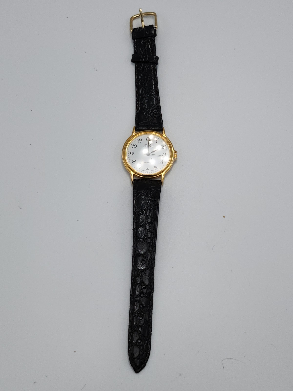 Reflex Vintage Quartz Analogue Gold Tone Case White Dial Black Leather Strap image 2