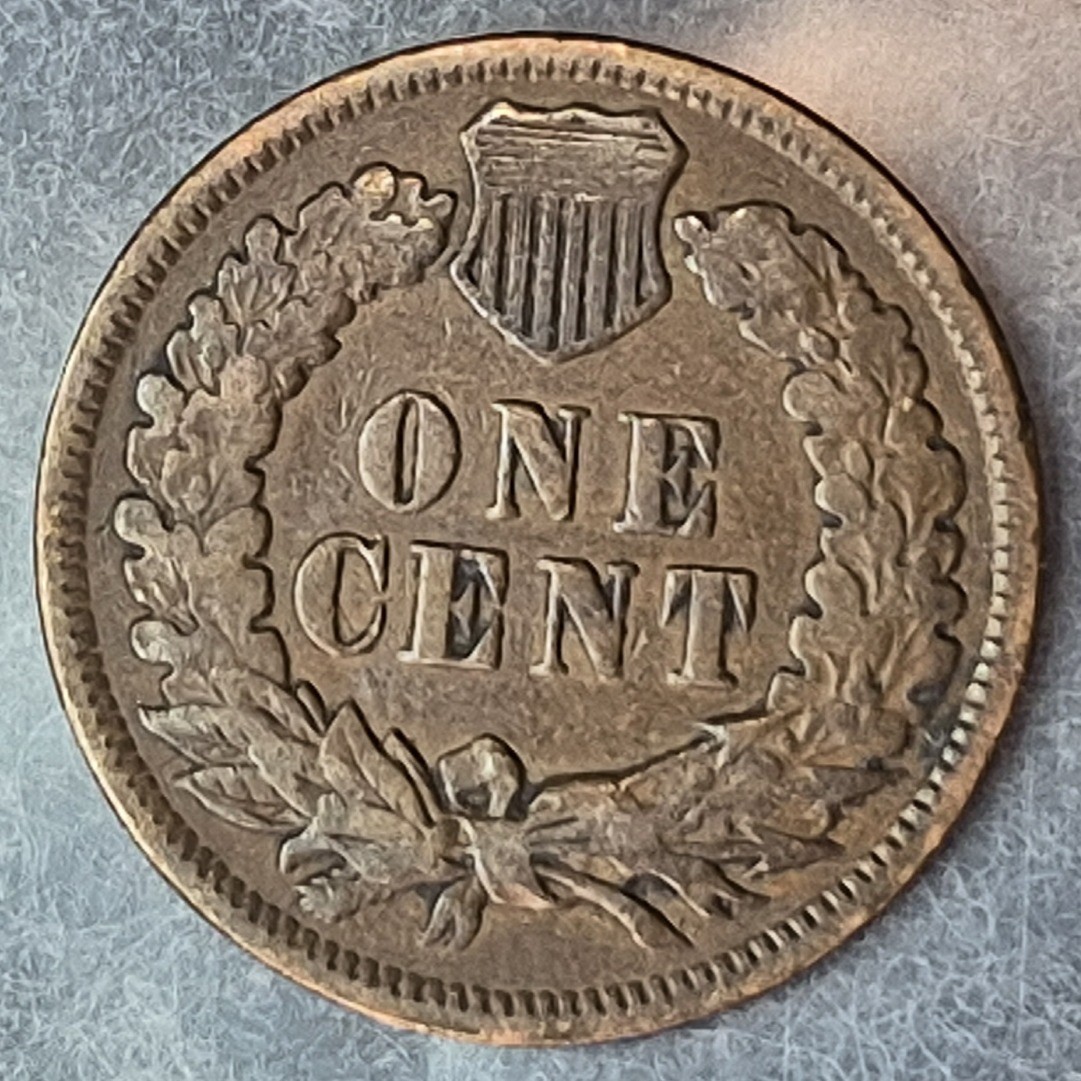 1890 Indian Head cent reverse, angled view