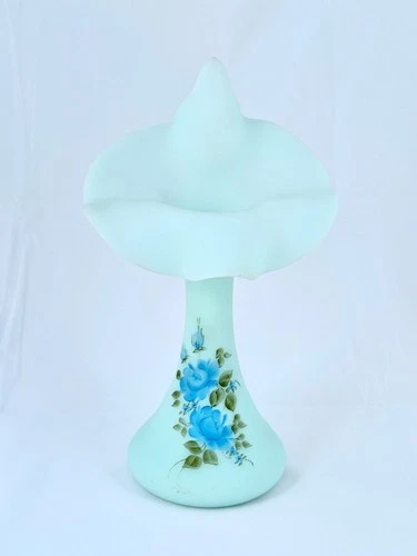 Fenton Jack-in-the-Pulpit Hand Painted Art Glass Vase Signed Blue Matte Glass