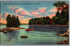 NY Lake George Long Island and Goose Island Rowing Linen Postcard