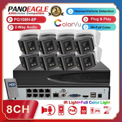 Panoeagle 8CH 8POE Colorvu IP Camera System 4MP Dual Lens 2Way Audio 4K NVR Lot