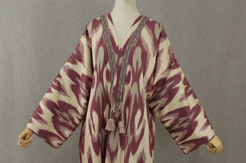 Uzbek ikat chapan,cotton kaftan cape,boho beige coat,ethnic abaya,cover kimono - Picture 5 of 10