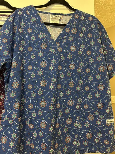 2 UA Scrubs Tops Womens Large Blue Purple Shirt Christmas Medical Nurse Casual - Picture 4 of 7