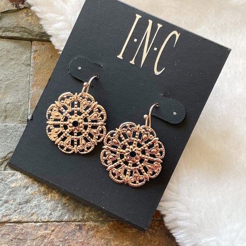 INC Filigree Round Dangle Drop Earrings Rose Gold Tone New