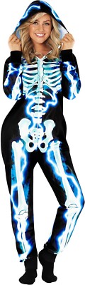Womens Electric Skeleton Jumpsuit Ladies Blue Bone Frame Halloween Costume S-3XL