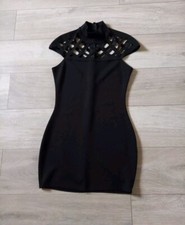 Edge Black Stretch Bodycon Dress Mini High Neck Cut Out Detail Party Holiday UK8