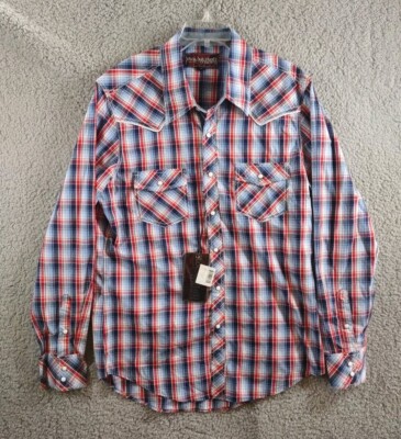 Rock & Roll Cowboy Shirt Mens Large Western Long Sleeve Pearl Snap Red Plaid