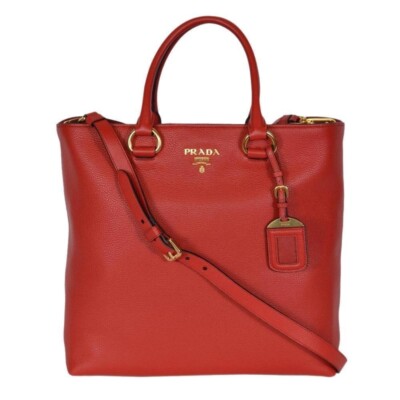 Prada Vitello Phenix Red Leather Shopping Tote Crossbody NEW
