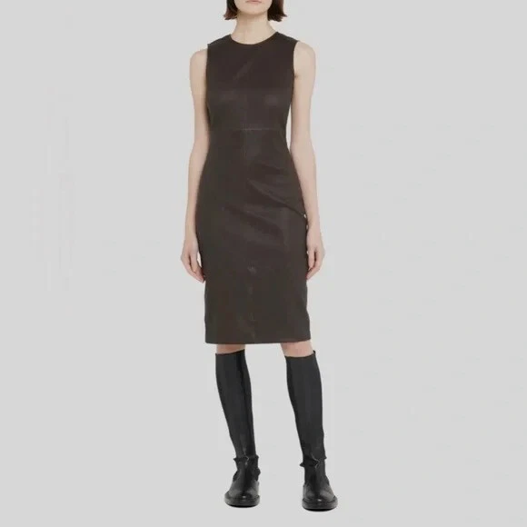 $995 Theory Women's Brown Leather Sleeveless Midi Dress Size 10  196060620460 | eBay