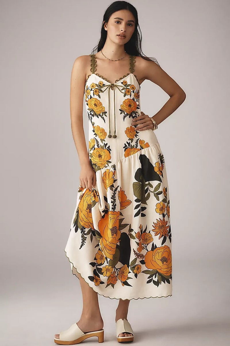 Farm Rio Anthropologie Sleeveless Linen Dress V-Neck A-Line Peonies Size S NEW