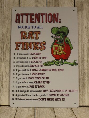 Poster Rat Fink Rules Insegna Metallo Latta Look Vintage Hot Rod Uomo Corsa Garage - Foto 1 di 4