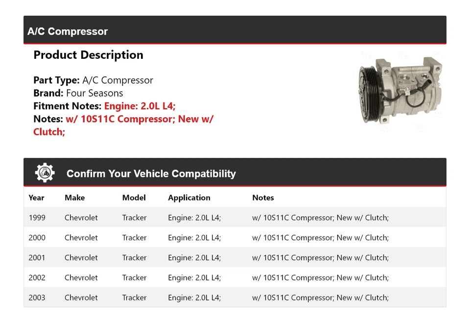 Compresor de aire acondicionado Chevrolet Tracker 1999-2003 2,0 L L4 4 estaciones 2000 2001 2002 Foto 2 de 4