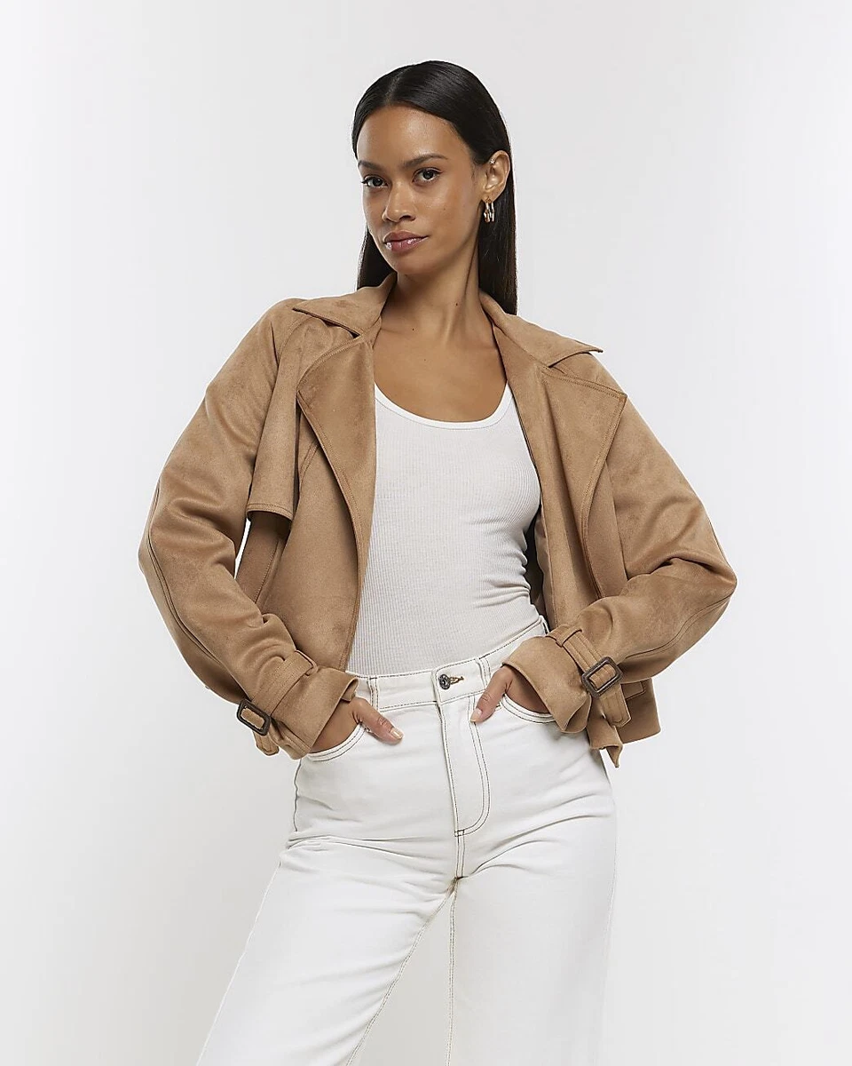River Island Womens Brown Faux suede Trench Coat Size XS