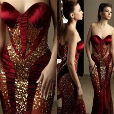 Mermaid Evening Dresses Red Sweetheart Gold Sequins Backless Prom Party Gowns﻿