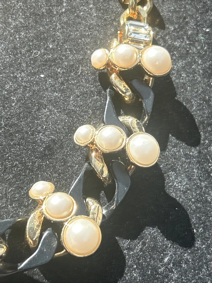 Pulsera ANN TAYLOR Baguette estrás imitación perla esmalte cadena eslabón tono dorado Foto 2 de 4