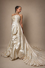  2,400 Designer Wedding Dress Size 4 Champagne Satin Beaded Train Strapless 2Be