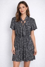 Michael Kors Dress Women Large Paisley Bow Neck Mini Short Sleeve Black White Q