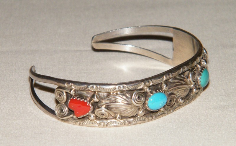 Vintage RANDALL ENDITO STERLING SILVER-TURQUOISE-CORAL CUFF BRACELET Navajo