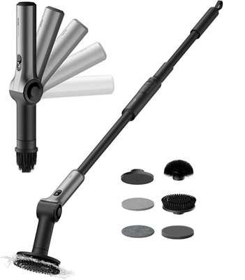 HOTO Flexi Cordless Spin Scrubber w Telescoping Handle 6 Attachments Used (21C)