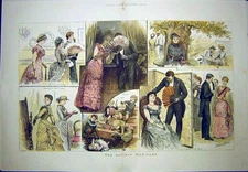 Original Old Antique Print Society War Game Ladies Men Hopkins Sketches 1884
