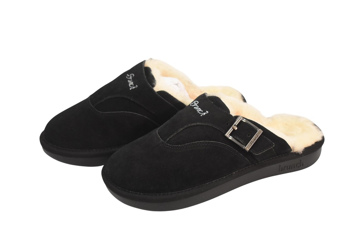 靴 MAISON EUREKA LAMB FUR MULES37 Brunch Shoes Womens Size 8 Black Suede Faux Fur Mule Slippers