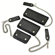 Black Leather Trucker Wallet w/ Chain - Snap Closure Biker Wallet