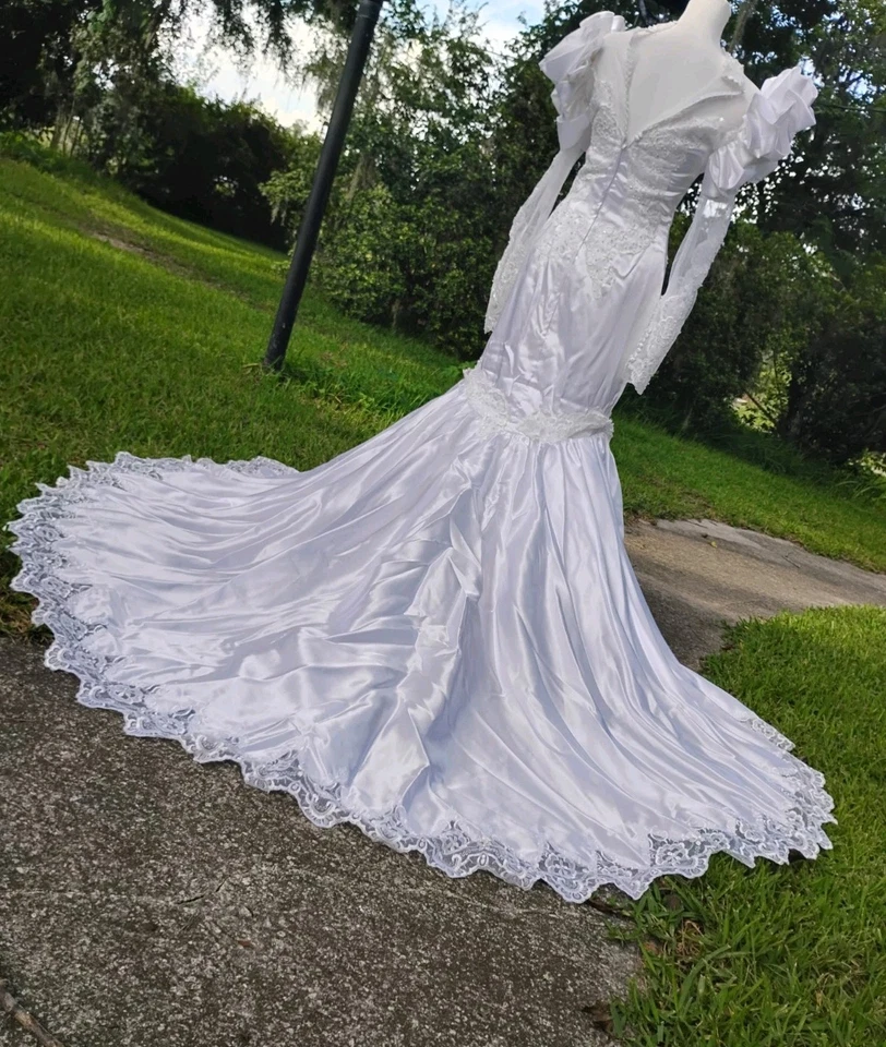 Moonlight Trumpet Mermaid Sz12 Vintage 1991 Train High Neck Puffy Sleeves White - Image 4 of 4