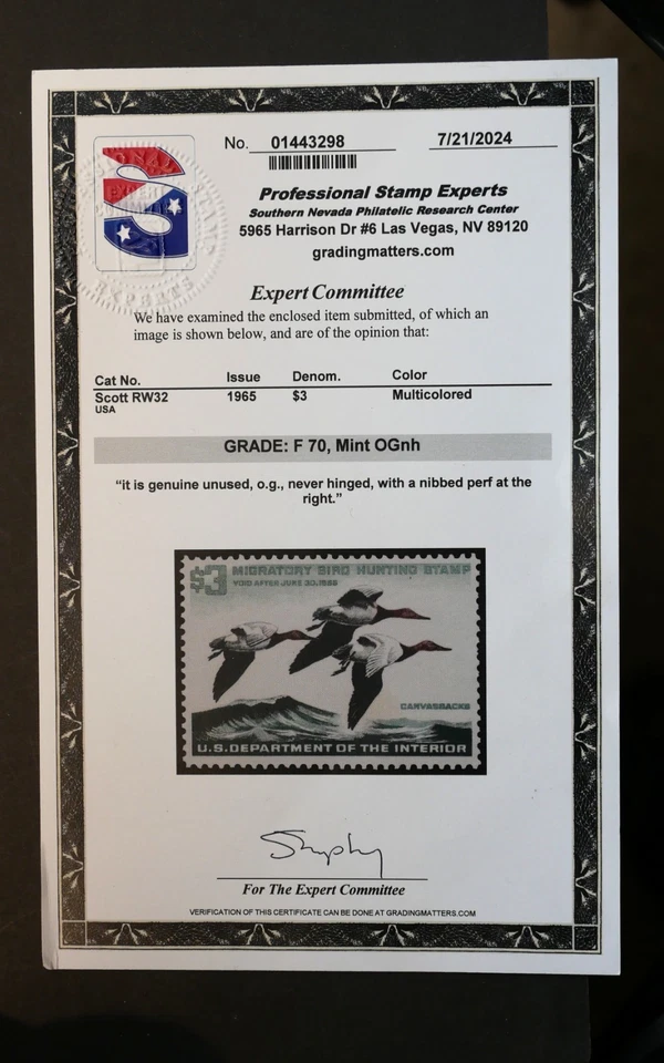 RW32 Federal Duck Hunting Stamps Certified Grade F 70 MNH, OG, 1965 - Image 4 of 4