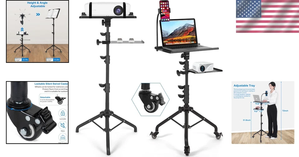 Adjustable Height Projector Stand on Wheels with 2 Shelves - Image 2 of 4