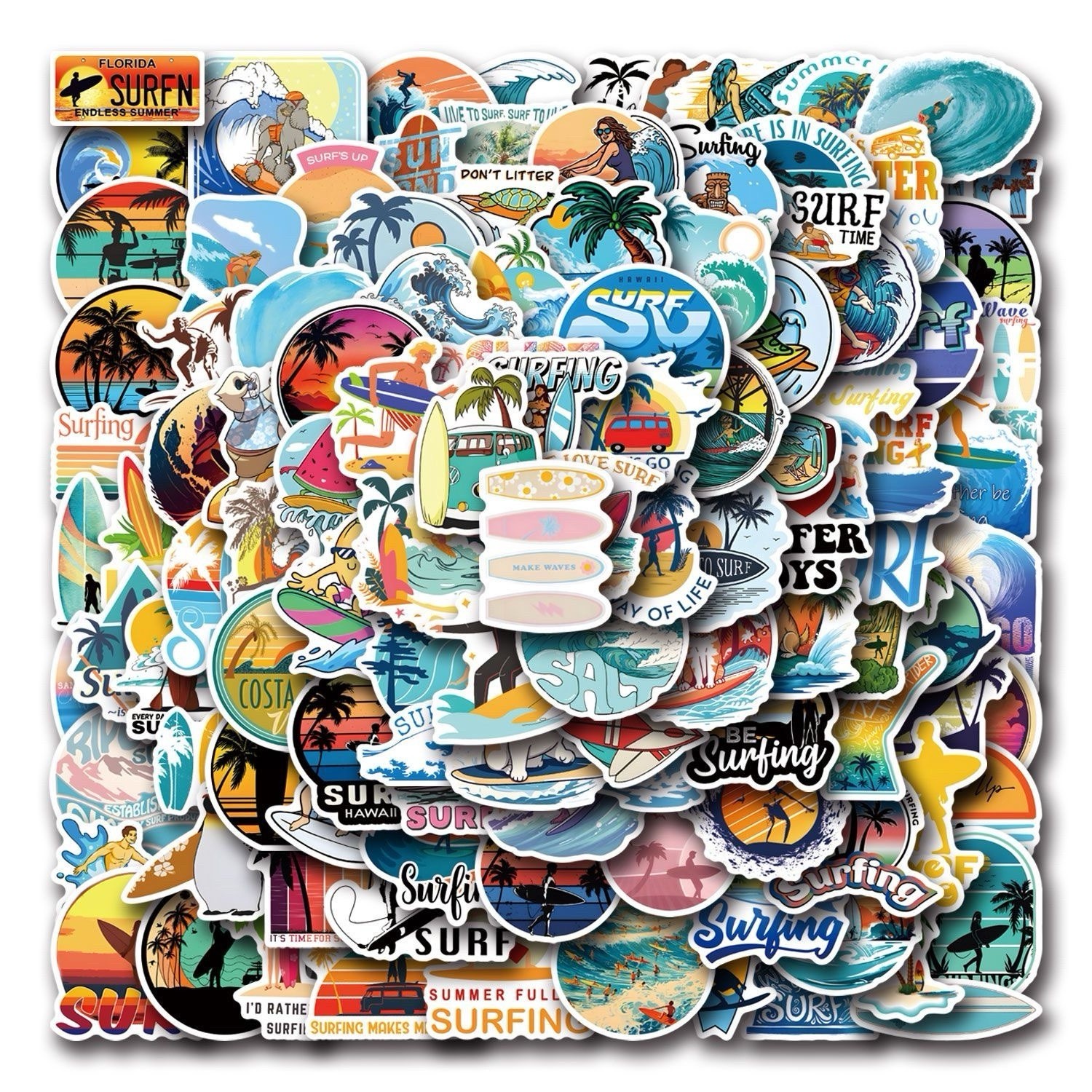20Pcs Random Cool Beach Surfing Stickers Surfing Waves Surf Waterproof Decals