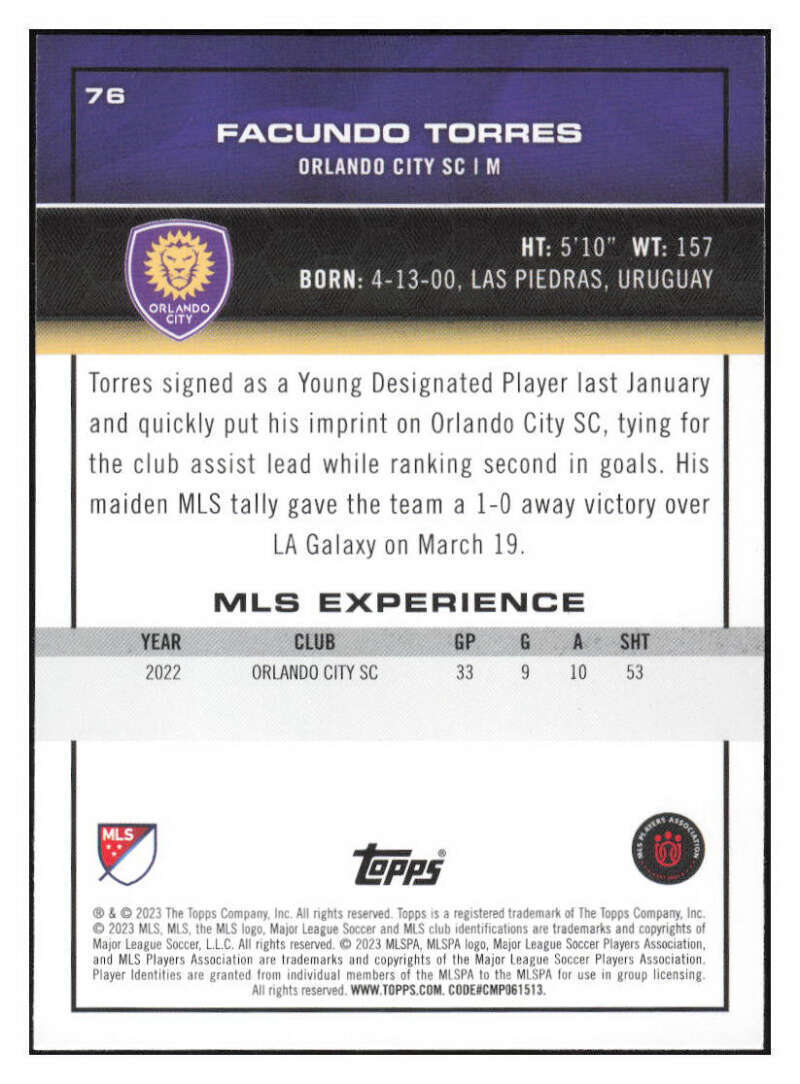 Torresです。 Facundo Torres 2023 Topps Major League Soccer #76 MLS ID