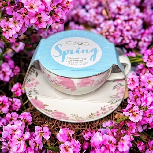 CIROA Spring Breakfast Cup & Saucer Metallic Gold Pink Flowers JUMBO SIZE New