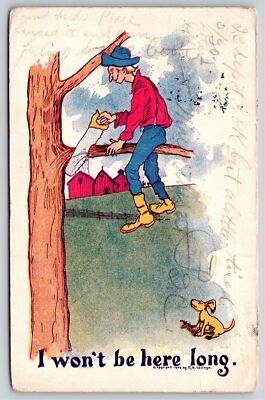 Comic~I Wont Be Here Long~Man Sawing Tree Branch W/ Dog~PM 1906~Vintage Postcard